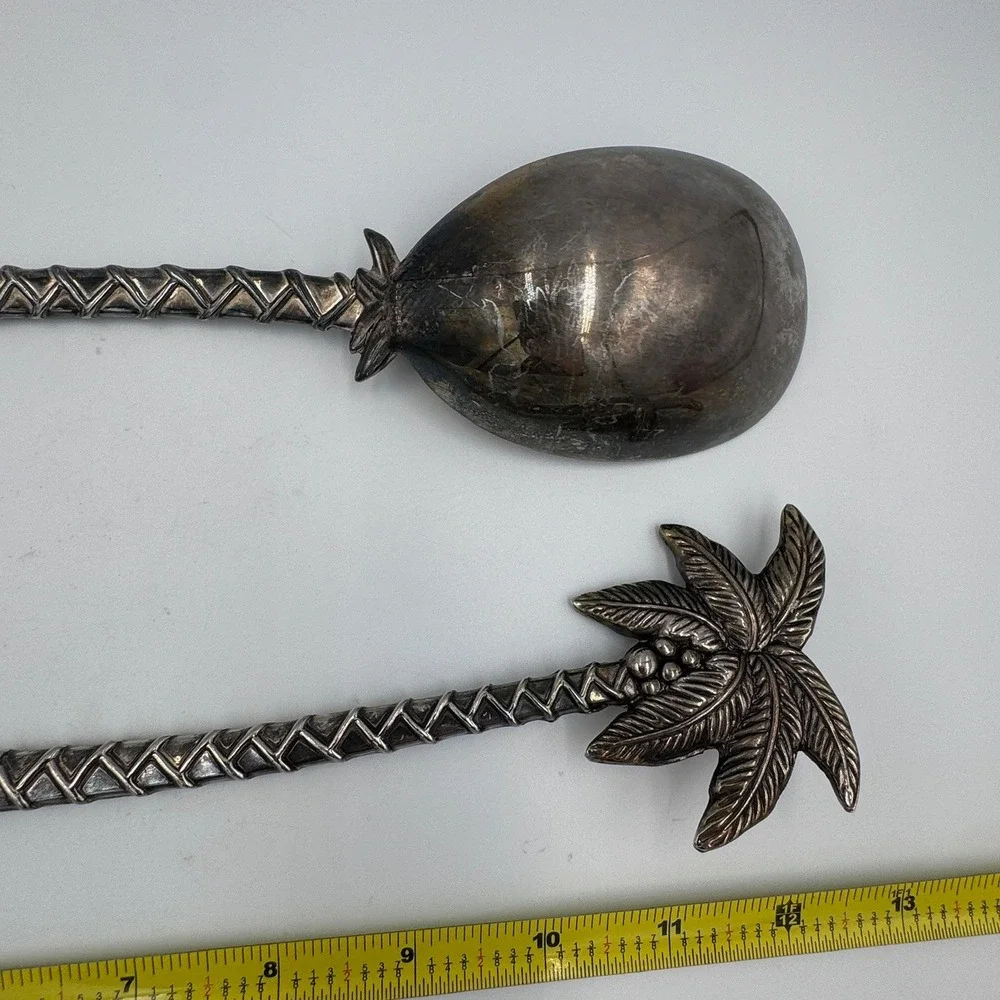 Vintage Palm Tree Salad Serving Set Silver Tone Tropical Coastal Tiki